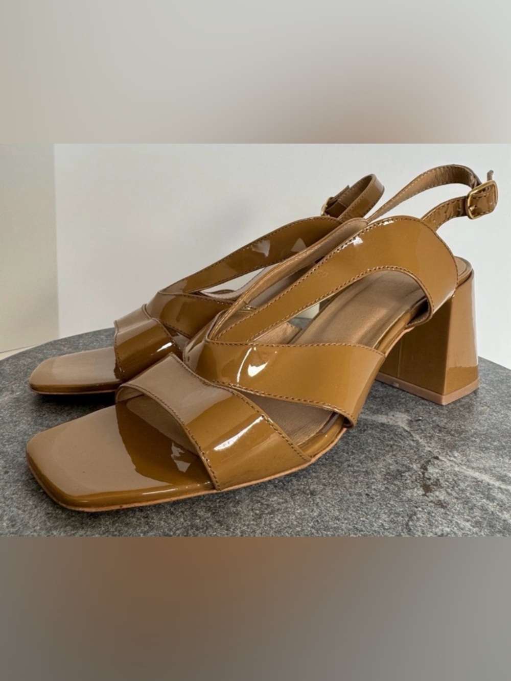 Anthro Maeve Patent Leather Brown Tan Block Heels Sandals 39